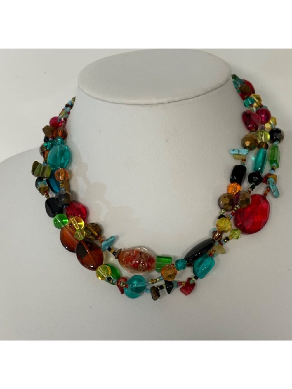 Colorful Multistrand Glass Beaded Gemstone Necklace Silvertone Statement - Picture 9 of 9